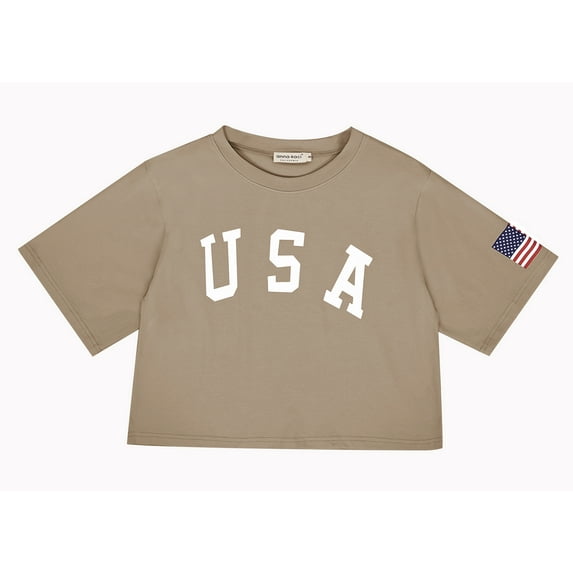 Women's Loose 4th of July USA Patriotic Crop Tops Short Sleeve American Flag Shirts, Khaki, Large