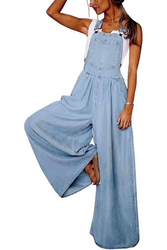 Women's Loose Adjustable Strap Wide Leg Denim Bib Overall Jeans Pants