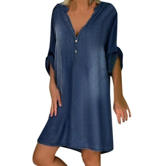 Women's Loose Baggy Denim Dress Roll-up 3/4 Sleeve Button V Neck Cute Mini Shift Dress Jeans Summer Casual Dress