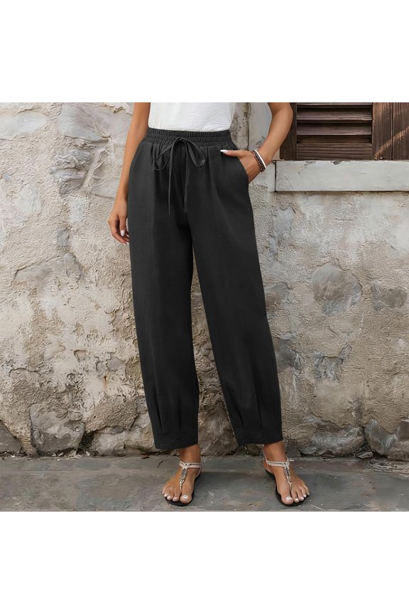 Women's Loose Baggy Harem Lantern Trousers, Elastic Drawstring Waist Side Pocket Cropped Nine Quarter Office Daily Summer Casual Pants, Black S