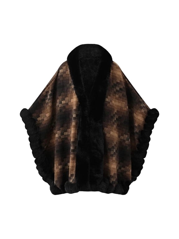 Women's Loose Batwing Cape Shawl Wrap, Thickened Cozy Collar Warm Casual Outerwear for Multiple Occasions Coffee Free Size