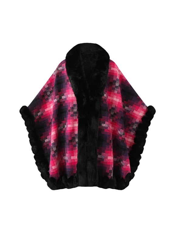 Women's Loose Batwing Cape Shawl Wrap, Thickened Cozy Collar Warm Casual Outerwear for Multiple Occasions Hot Pink Free Size
