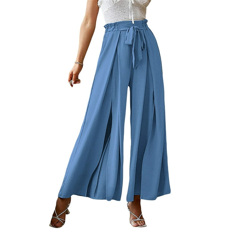 Women s Loose Belted Long Trousers Summer Autumn Ladies Casual Solid Color Elastic High Waist Stretch Ruched Beach Wide Leg Pants Plus Size