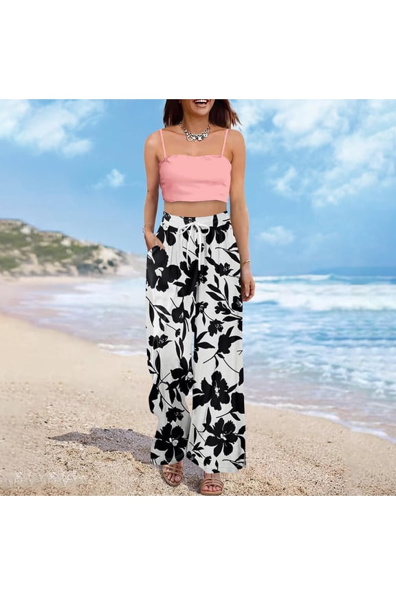 Women's Loose Boho Floral Pants, High Waist Drawstring Elastic Waist Tropical Print Wide Leg Flowy Pants Side Split Hem Casual Summer Beach Bottoms, White M