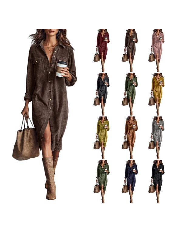 Women's Loose Button Down Corduroy Shirt Dress, Long Sleeve Lapel Midi Dress, Retro Casual Everyday Dress