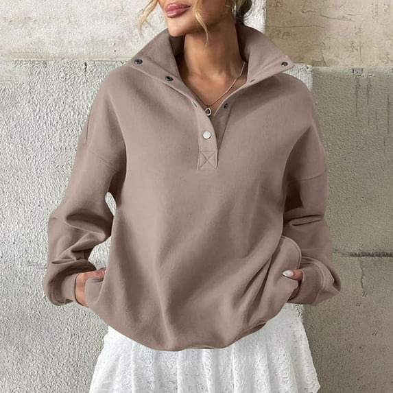 Women's Loose Button Up Pullover Oversized Drop Shoulder Sweatshirt Casual V Neck Long Sleeve Solid Color Sweatshirt