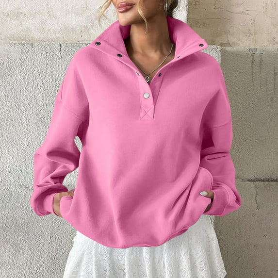 Women's Loose Button Up Pullover Oversized Drop Shoulder Sweatshirt Casual V Neck Long Sleeve Solid Color Sweatshirt