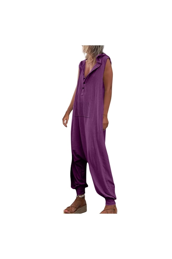 Women's Loose Button up V Neck Harem Long Pants Jumpsuits Sleeveless Baggy Hooded Summer Lounge Rompers Overalls Womens Clothes