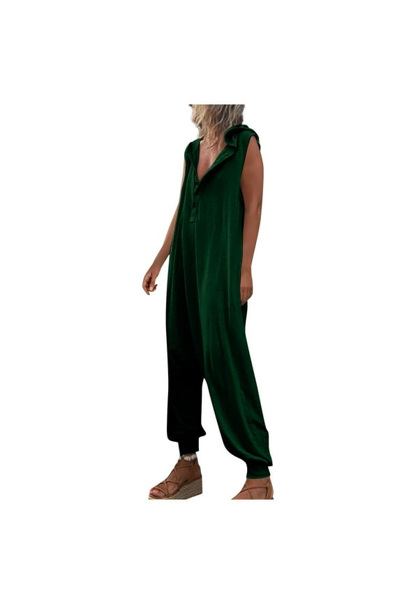 Women's Loose Button up V Neck Harem Long Pants Jumpsuits Sleeveless Baggy Hooded Summer Lounge Rompers Overalls Womens Clothes