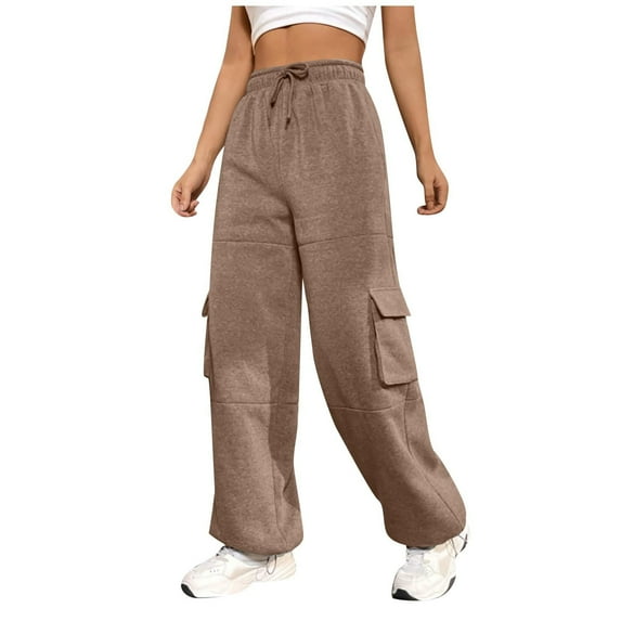 Women's Loose Cargo Pants Solid Color Cotton Soft Comfort Straight Pants Elastic Waist Drawstring Stretch Pants with Pockets