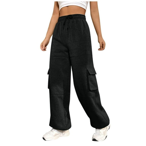 Women's Loose Cargo Pants Solid Color Cotton Soft Comfort Straight Pants Elastic Waist Drawstring Stretch Pants with Pockets