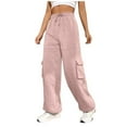 thumbnail image 1 of Women's Loose Cargo Pants Solid Color Cotton Soft Comfort Straight Pants Elastic Waist Drawstring Stretch Pants with Pockets, 1 of 6