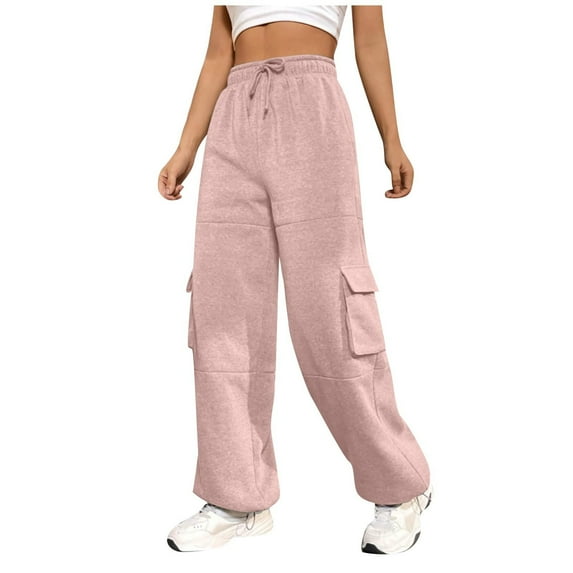 Women's Loose Cargo Pants Solid Color Cotton Soft Comfort Straight Pants Elastic Waist Drawstring Stretch Pants with Pockets