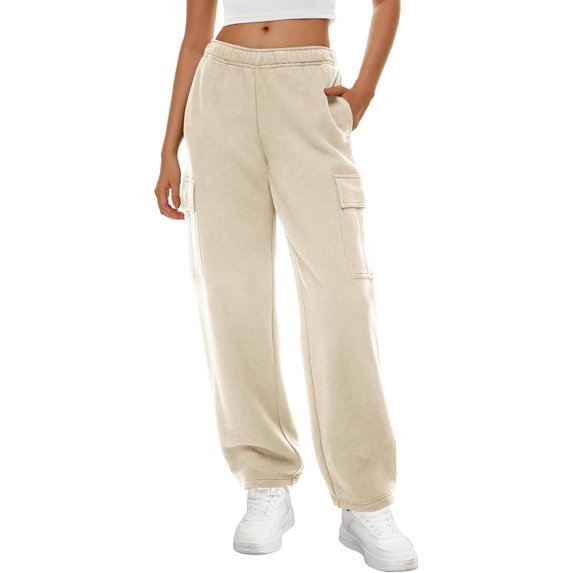 Women's Loose Cargo Sweatpants, Solid Color Elastic High Waist Gym Workout Trousers Casual Pants with Pockets