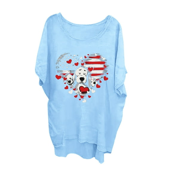 Women's Loose Casual 3/4 Length Sleeve Top T-Shirt Printed Blouse Blue,L