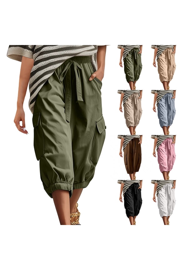 Women's Loose Casual Cargo Pants With Pockets, Polyester Blend Relaxed Fit Functional Tapered Leg, Mid Rise Elastic Waist With Drawstring, Utility Side Pockets, | TruBelle,Army Green 2XL