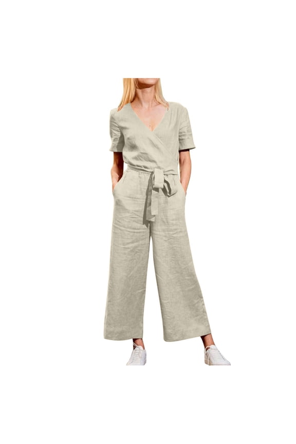 Women's Loose Casual Cotton Linen Jumpsuits V Neck Sleeveless Short Sleeve Wide Leg Pants Solid Color Overalls With Pockets