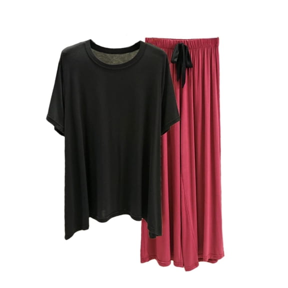 Women's Loose Casual Crew Neck Short Sleeve T-Shirt Long Pants Set Solid Color Loungewear Pajamas Black Size XL