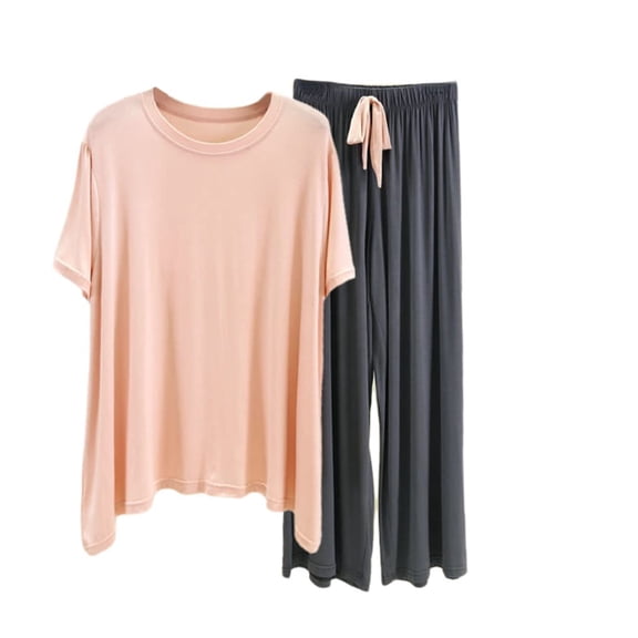 Women's Loose Casual Crew Neck Short Sleeve T-Shirt Long Pants Set Solid Color Loungewear Pajamas Pink Size L
