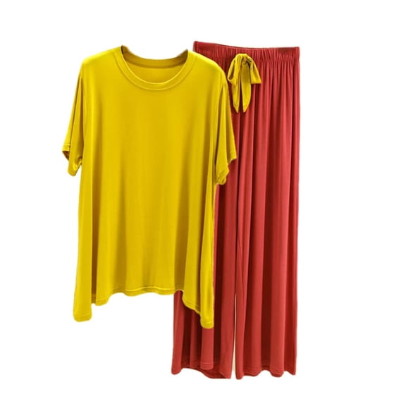 Women's Loose Casual Crew Neck Short Sleeve T-Shirt Long Pants Set Solid Color Loungewear Pajamas Yellow Size L