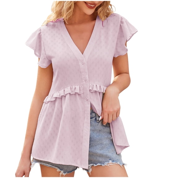 Women's Loose Casual Hollow Leaf Sleeve V-neck Short Sleeved Shirt Top, Elegant and Lightweight, Perfect for Summer, Casual Outings, Beach, Vacation, Comfortable and Stylish V-neck Blouse