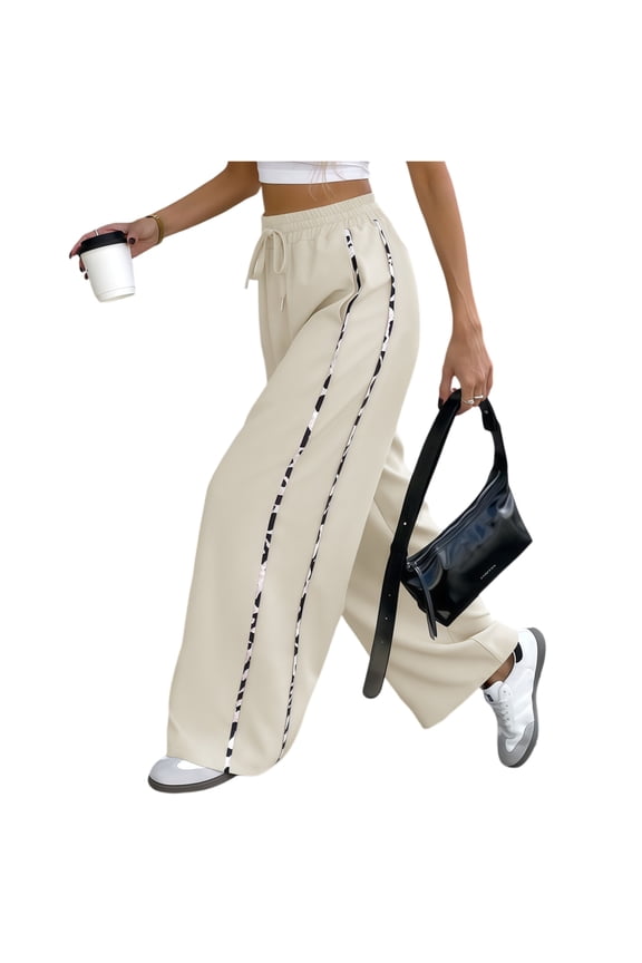 Women's Loose Casual Leopard Print Drawstring Wide Leg Pants for Fashionable and Comfortable Daily Wear and Outings,Beige,M