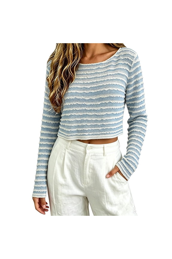 Women's Loose Casual Lightweight Striped Long Sleeve Knit Crop Top, Ribbed Tee with Relaxed Fit, for Spring Summer Daily Wear or Trendy Street Style Sky Blue
