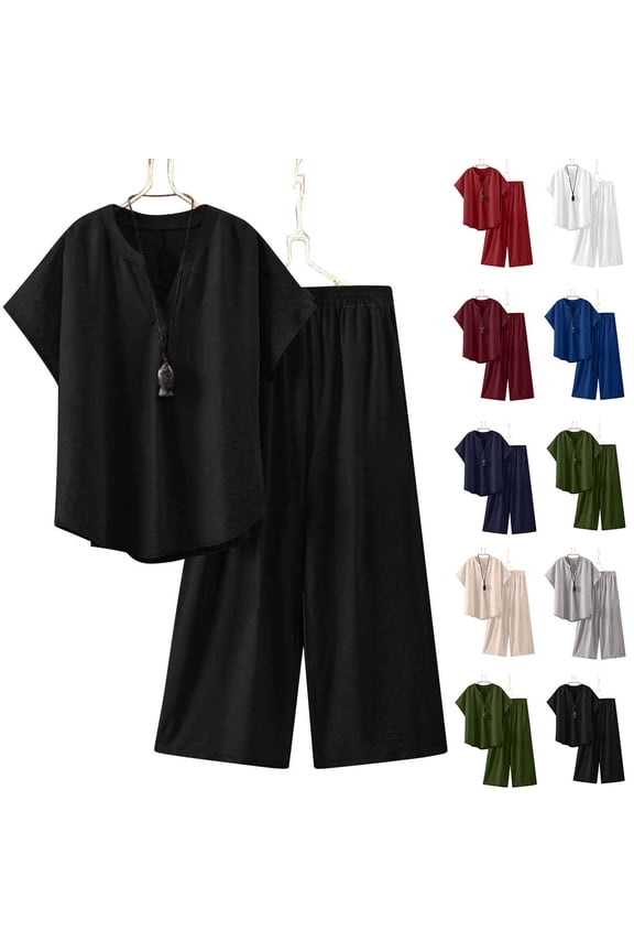 Women's Loose Casual Linen Short Sleeved Top and Pants Outfit Set Trousers Bottoms Two Piece Co-Ord Solid Color Soft Breathable Flowy Lounge Home Beach Vacation Travel Essentials