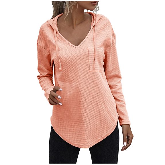 Women's Loose Casual Long Sleeve Waffle Sweatshirt Tops with Drawstring Hooded V-Neck Fall Pullover Hoodies