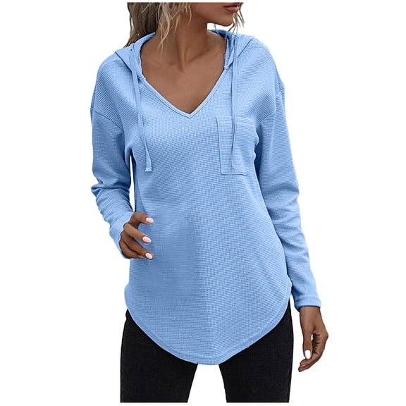 Women's Loose Casual Long Sleeve Waffle Sweatshirt Tops with Drawstring Hooded V-Neck Fall Pullover Hoodies