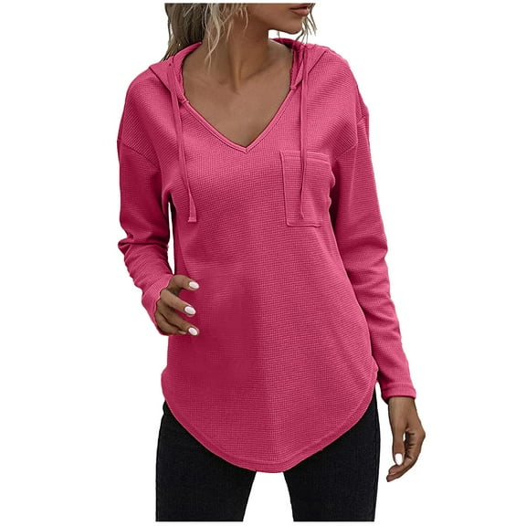 Women's Loose Casual Long Sleeve Waffle Sweatshirt Tops with Drawstring Hooded V-Neck Fall Pullover Hoodies