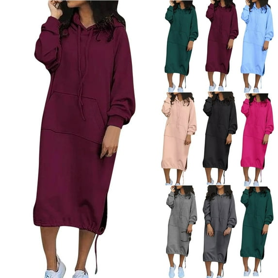 Women's Loose Casual Long Sleeved Hooded Pocket Side Slit Sweatshirt Dress, Fall and Winter Comfortable Wear for Everyday Activities, Cozy and Practical,Gray,2XL