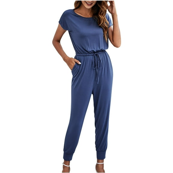 Women's Loose Casual Short Sleeve Rompers Elastic Waist Drawstring Stretchy Cinch Bottom Pants Jumpsuit with Pockets