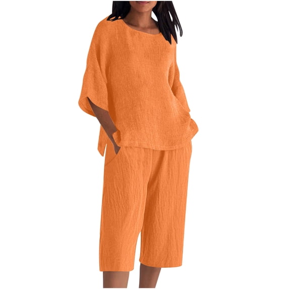 Women's Loose Casual Solid Color Fashion Round Neck Three Quarter Sleeve Top and Elastic Waist Capri Pants Two Piece Sets for Women