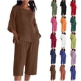 thumbnail image 1 of Women's Loose Casual Solid Color Fashion Round Neck Three Quarter Sleeve Top and Elastic Waist Capri Pants Two Piece Sets for Women, 1 of 6