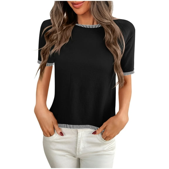 Women's Loose Casual Solid Color Round Neck Knitted Sweater Short Sleeve Top, Comfortable and Stylish Blouse for Daily Wear, Ideal for Spring and Summer, Easy to Pair with Jeans or Shorts