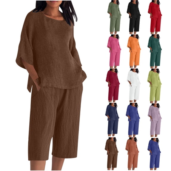 Women's Loose Casual Solid Color T-Shirt and Trousers 2 Piece Outfit Set Linen Blend 3/4 Sleeve Top with Pants Combo for Daily Wear Lounge Home Office | Aestivo,Gold M