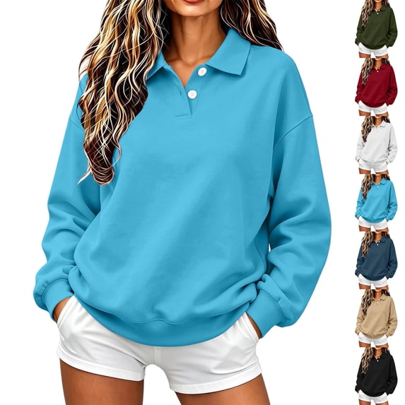 Women's Loose Casual Sweatshirts,2‑Button Collar Long Sleeve Solid Pullover Tops,Weekend Outing