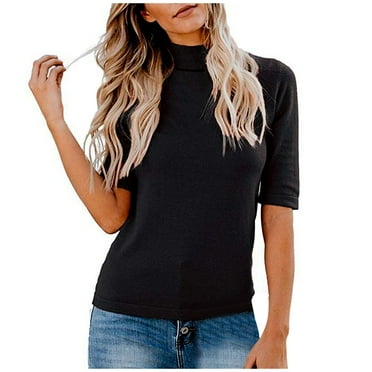 Women's Loose Casual T-Shirt Summer Comfort Short Sleeves Plain Mock Turtle Neck Half Fitted Tee Stank Top with Covered Sleeve
