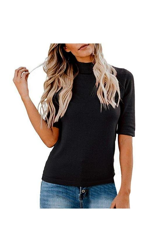 Women's Loose Casual T-Shirt Summer Comfort Short Sleeves Plain Mock Turtle Neck Half Fitted Tee Stank Top with Covered Sleeve