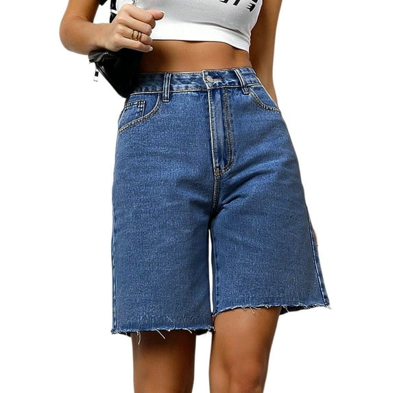Women's Loose Casual Washed Jean Shorts for Summer, Relaxed Fit Five Quarter Straight Leg Pants with Medium Waisted Elastic Waistband for Everyday Comfortable Stylish Outfits,Dark Blue L