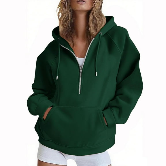 Women's Loose Color Half-zipper Hooded Raglan Long-sleeved Sweater Jacket Outfits Basic Fall Clothes Winter Clothing