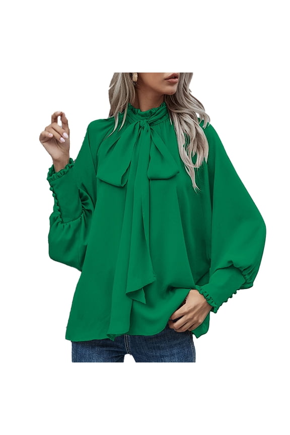 Women's Loose Comfortable Casual Bow Tie Button Down Long Sleeve Shirt, Round Neck Blouse with Fashionable Design,Army Green,Size M