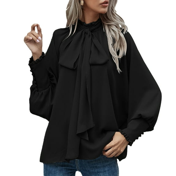 Women's Loose Comfortable Casual Bow Tie Button Down Long Sleeve Shirt, Round Neck Blouse with Fashionable Design,Black,Size L