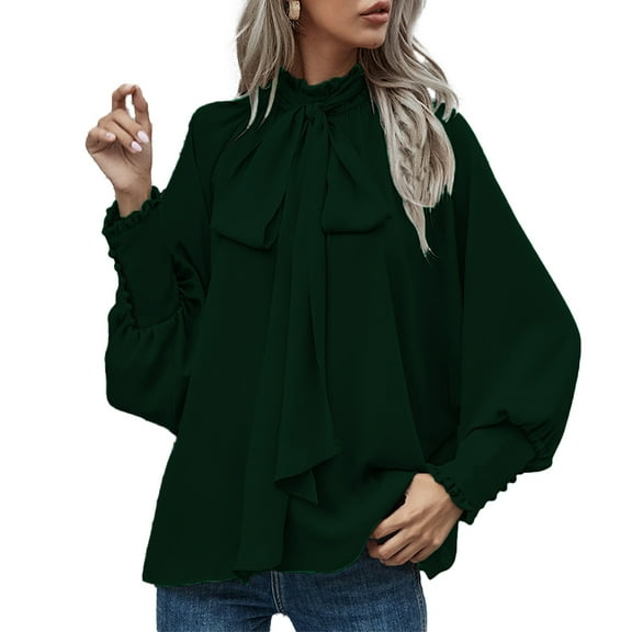 Women's Loose Comfortable Casual Bow Tie Button Down Long Sleeve Shirt, Round Neck Blouse with Fashionable Design,Dark Green,Size L