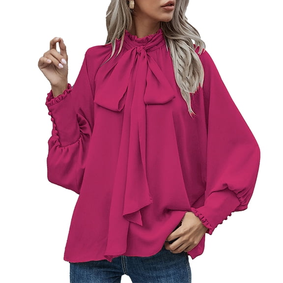 Women's Loose Comfortable Casual Bow Tie Button Down Long Sleeve Shirt, Round Neck Blouse with Fashionable Design,Hot Pink,Size L