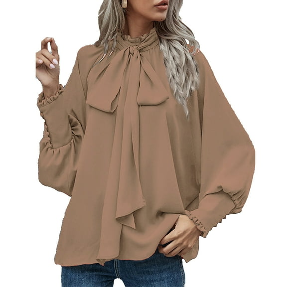 Women's Loose Comfortable Casual Bow Tie Button Down Long Sleeve Shirt, Round Neck Blouse with Fashionable Design,Light Brown,Size L