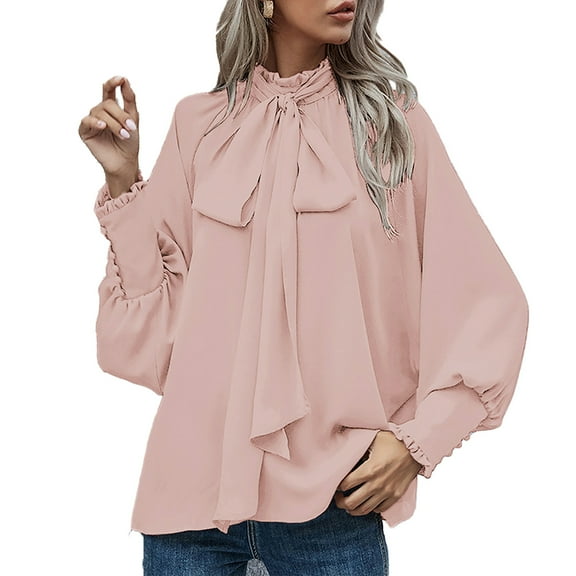 Women's Loose Comfortable Casual Bow Tie Button Down Long Sleeve Shirt, Round Neck Blouse with Fashionable Design,Pink,Size L