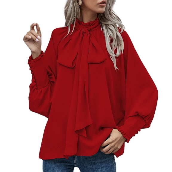 Women's Loose Comfortable Casual Bow Tie Button Down Long Sleeve Shirt, Round Neck Blouse with Fashionable Design,Wine,Size L