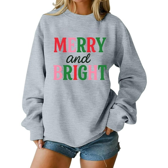 Women's Loose Comfortable Casual Fashion Character Printing Round Neck Long Sleeved Sweatshirt with Merry and Bright Theme for Daily Use
